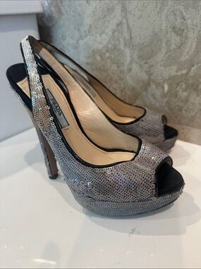 Prada Silver Sequin Peep-Toe Slingback Platform Heels